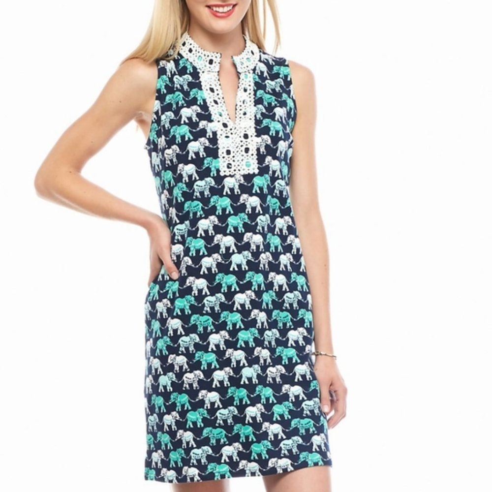 Crown & Ivy Elephant Print Dress w/Lace Guipure-M